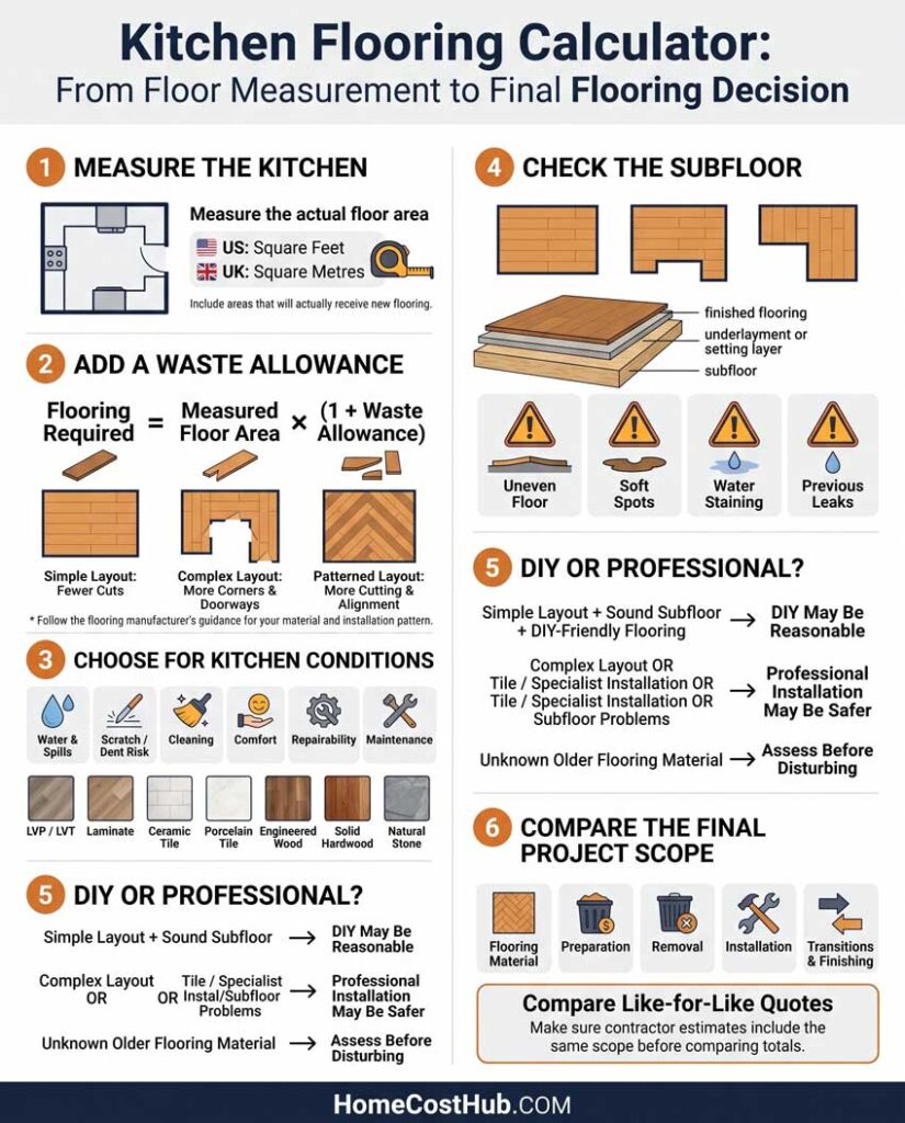 Kitchen Flooring Calculator 93 Kitchen Flooring Calculator planning infographic showing how floor area, waste, material choice, subfloor condition, and installation method shape the final flooring decision.